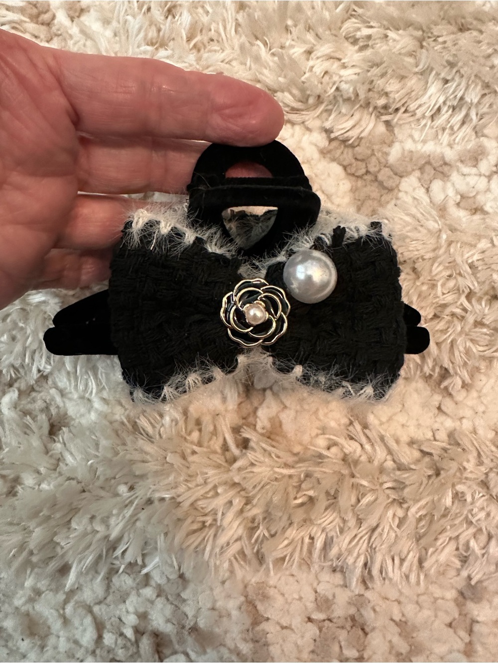 Black Bow Hair Clip with Pearl & Floral Accent